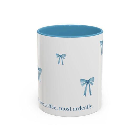 "Most Ardently" Bow Mug Blue Handle – Literary Coffee Lover Gift | Pride and Prejudice Inspired