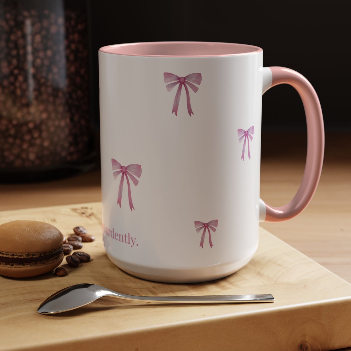 "Most Ardently" Bow Mug Pink Handle – Literary Coffee Lover Gift | Pride and Prejudice Inspired