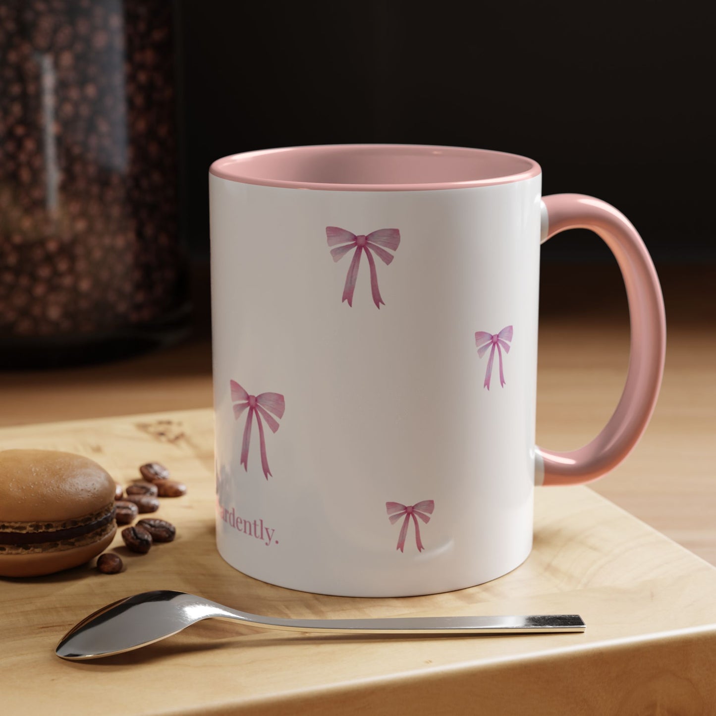 "Most Ardently" Bow Mug Pink Handle – Literary Coffee Lover Gift | Pride and Prejudice Inspired
