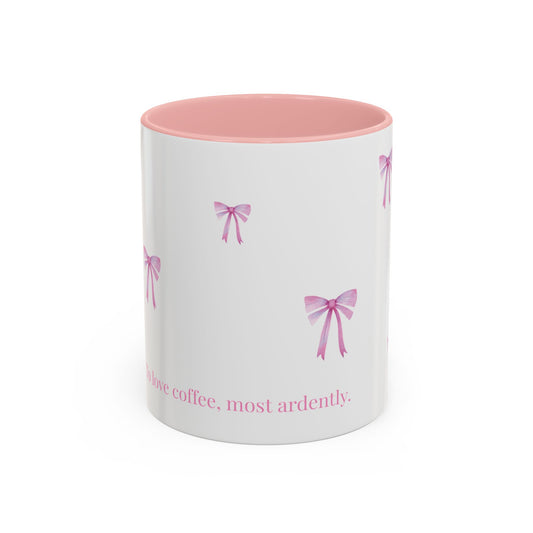 "Most Ardently" Bow Mug Pink Handle – Literary Coffee Lover Gift | Pride and Prejudice Inspired