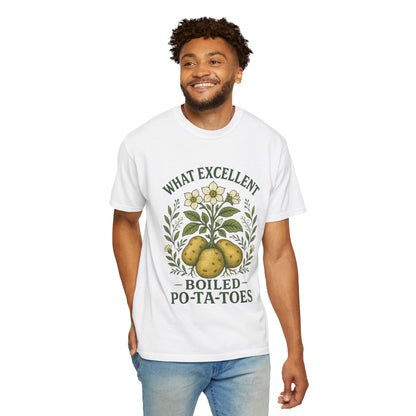 "What Excellent Boiled Po-ta-toes" Cottagecore T-Shirt White – Literary Garden Tee for LOTR Fantasy Fans