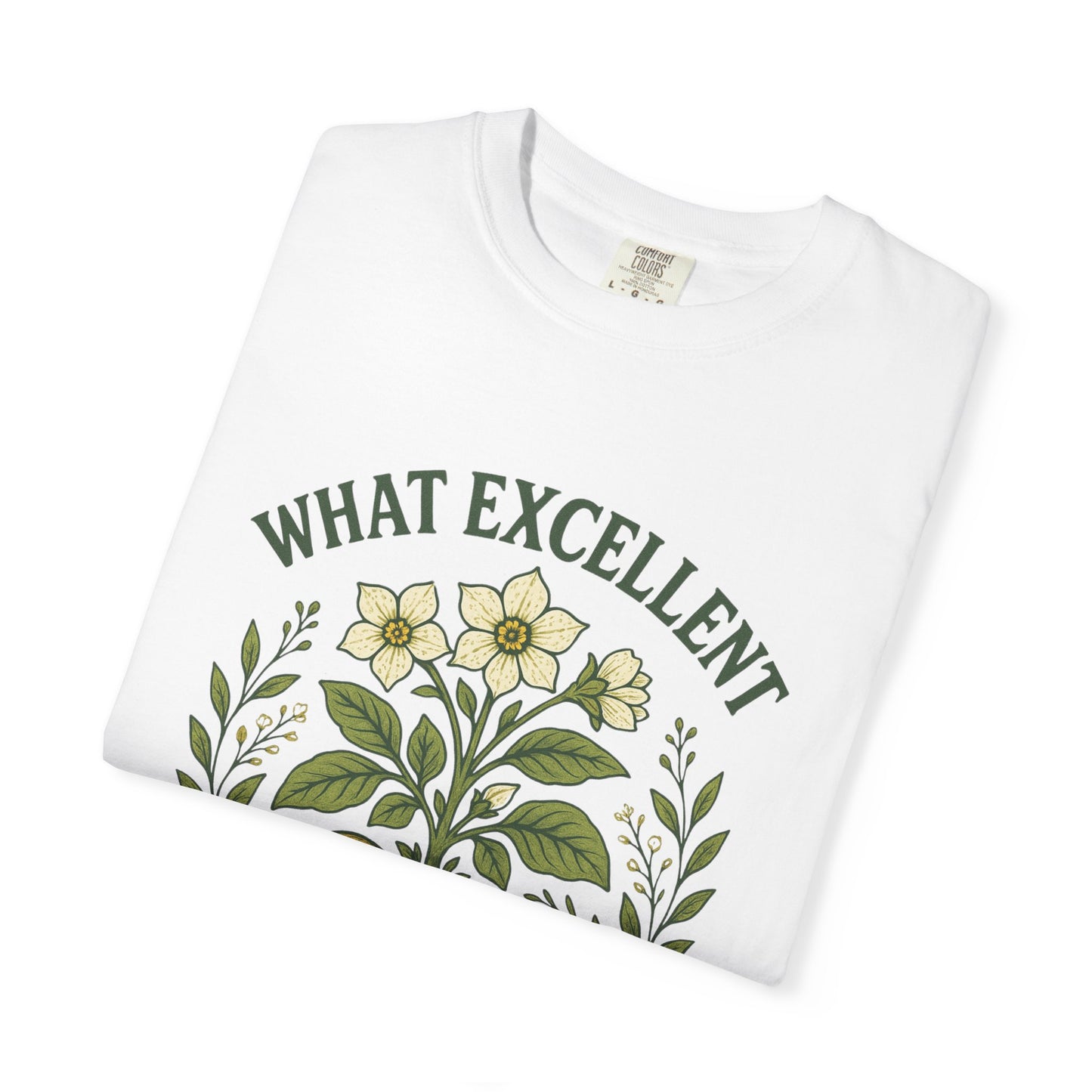 "What Excellent Boiled Po-ta-toes" Cottagecore T-Shirt White – Literary Garden Tee for LOTR Fantasy Fans