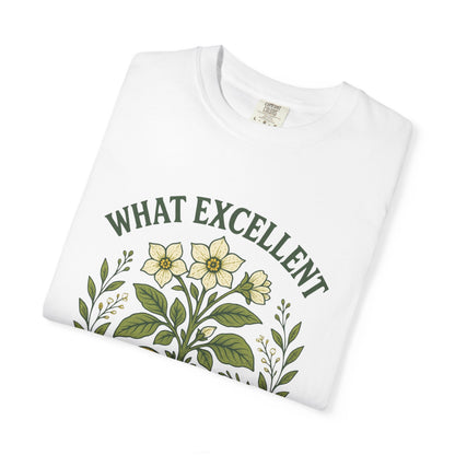 "What Excellent Boiled Po-ta-toes" Cottagecore T-Shirt White – Literary Garden Tee for LOTR Fantasy Fans