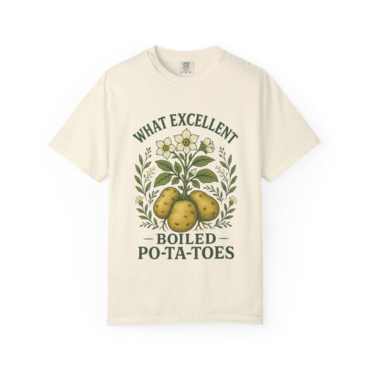 "What Excellent Boiled Po-ta-toes" Cottagecore T-Shirt Ivory – Literary Garden Tee for LOTR Fantasy Fans
