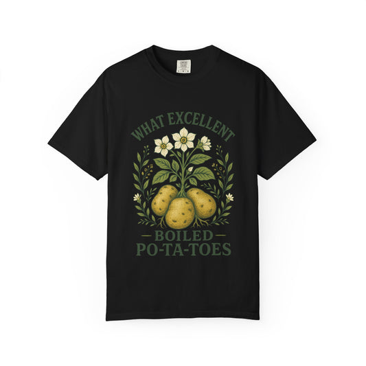 "What Excellent Boiled Po-ta-toes" Cottagecore T-Shirt Black – Literary Garden Tee for LOTR Fantasy Fans