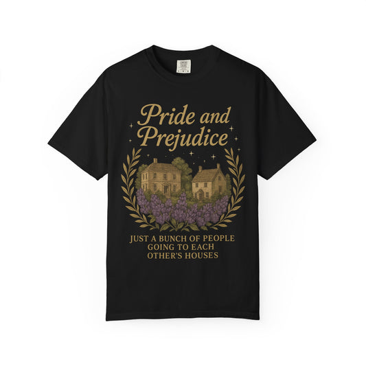 Pride and Prejudice Cottagecore Black T-Shirt - Regency Era Literary Tee for Bookish Women Unisex - Just People Going To Each Others Houses
