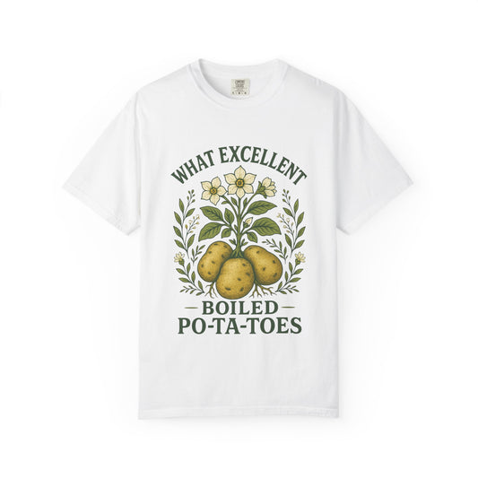 "What Excellent Boiled Po-ta-toes" Cottagecore T-Shirt White – Literary Garden Tee for LOTR Fantasy Fans
