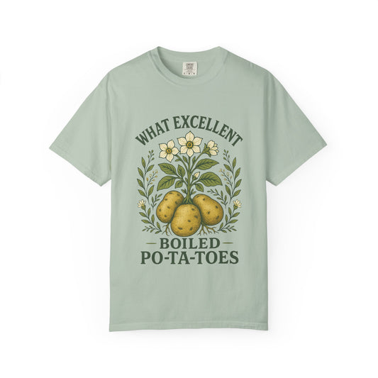 "What Excellent Boiled Po-ta-toes" Cottagecore T-Shirt Bay Green – Literary Garden Tee for LOTR Fantasy Fans